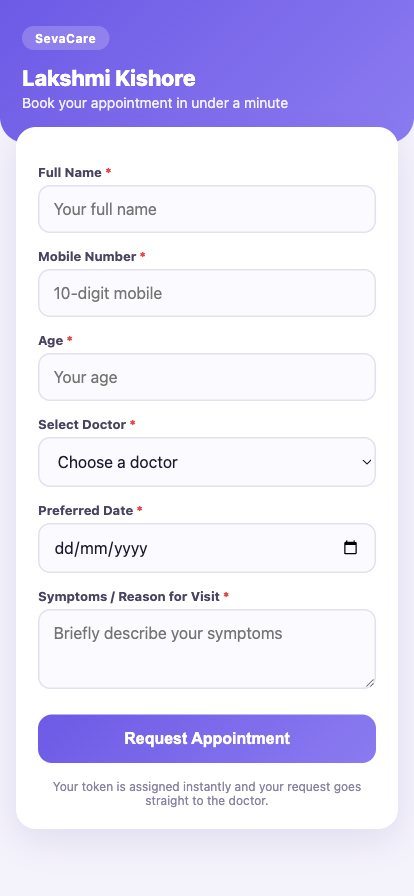 QR booking form on a phone: name, mobile, age, doctor, date and symptoms